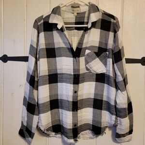 Cloth & Stone Womens Shirt Button Up Checkered Black White Size Large
